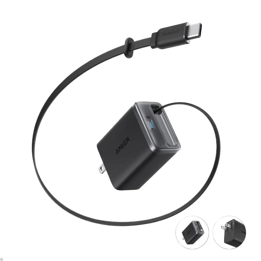 ANKER CARGADOR NANO 35W con cable retractable TIPO C y 1 puerto mas TIPO C Negro  A2658J11