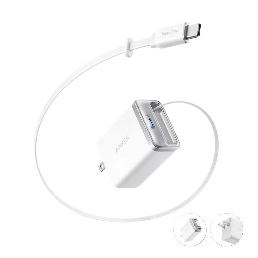 ANKER CARGADOR NANO 35W con cable retractable TIPO C y 1 puerto mas TIPO C Blanco  A2658J21