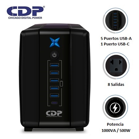 [R-UPR1008I] UPS Interactivo con estabilizador voltaje 1000VA/500W 8 tomas 5 USB 1 Tipo C R-UPR1008I